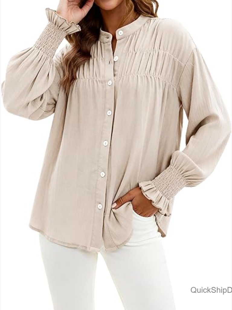 Linen Button Down Shirt Loose Fit Smocked Long Sleeve Blouse